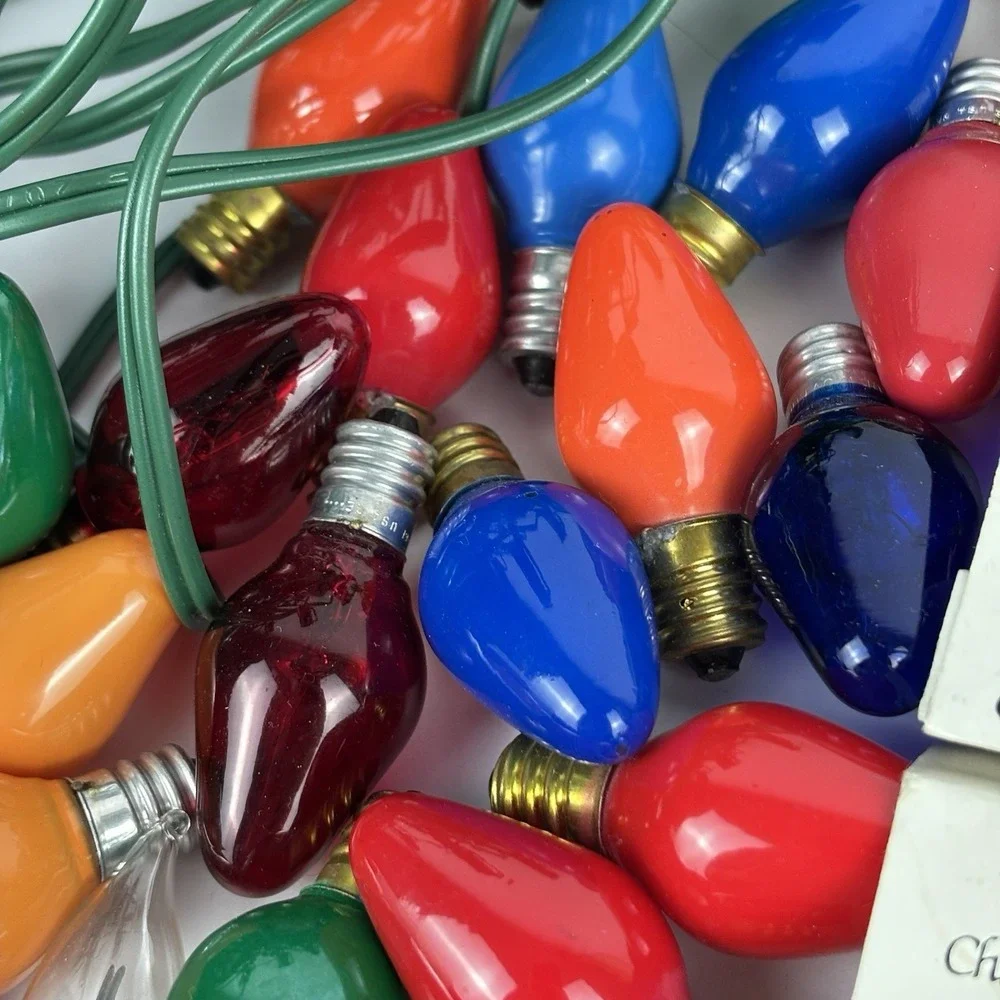 VTG CHRISTMAS C-7 LIGHT BULBS,  3 ELECTRICAL CORDS NEW AND USED